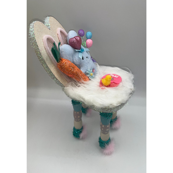 Vintage Wooden Easter Bunny Chair Faux Fur Blue Bunny Egg Balloons Deb O. OOAK - Picture 6 of 16